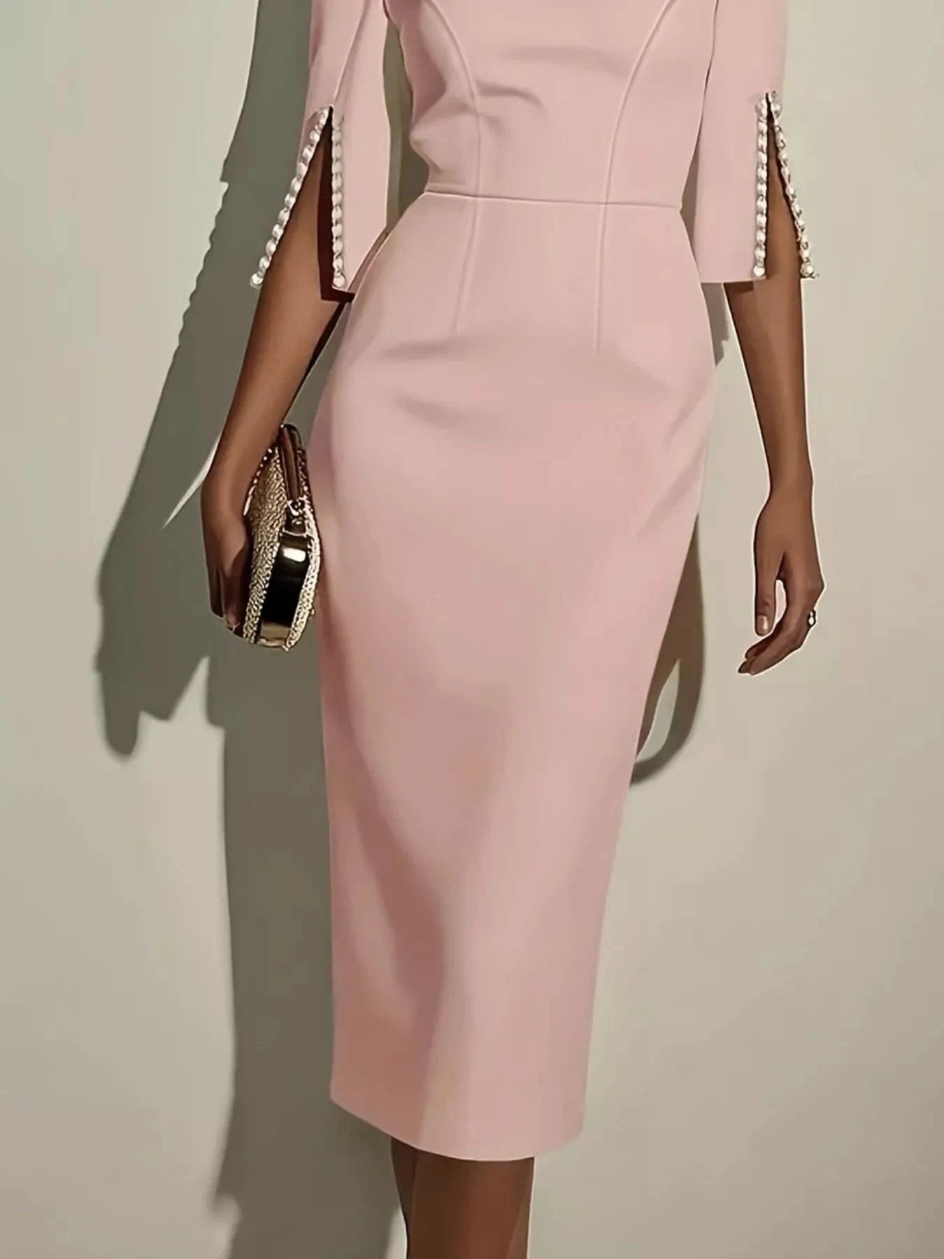 Slim-Fit Elegant Midi Dress with Beaded Slit Sleeve - Fashorio