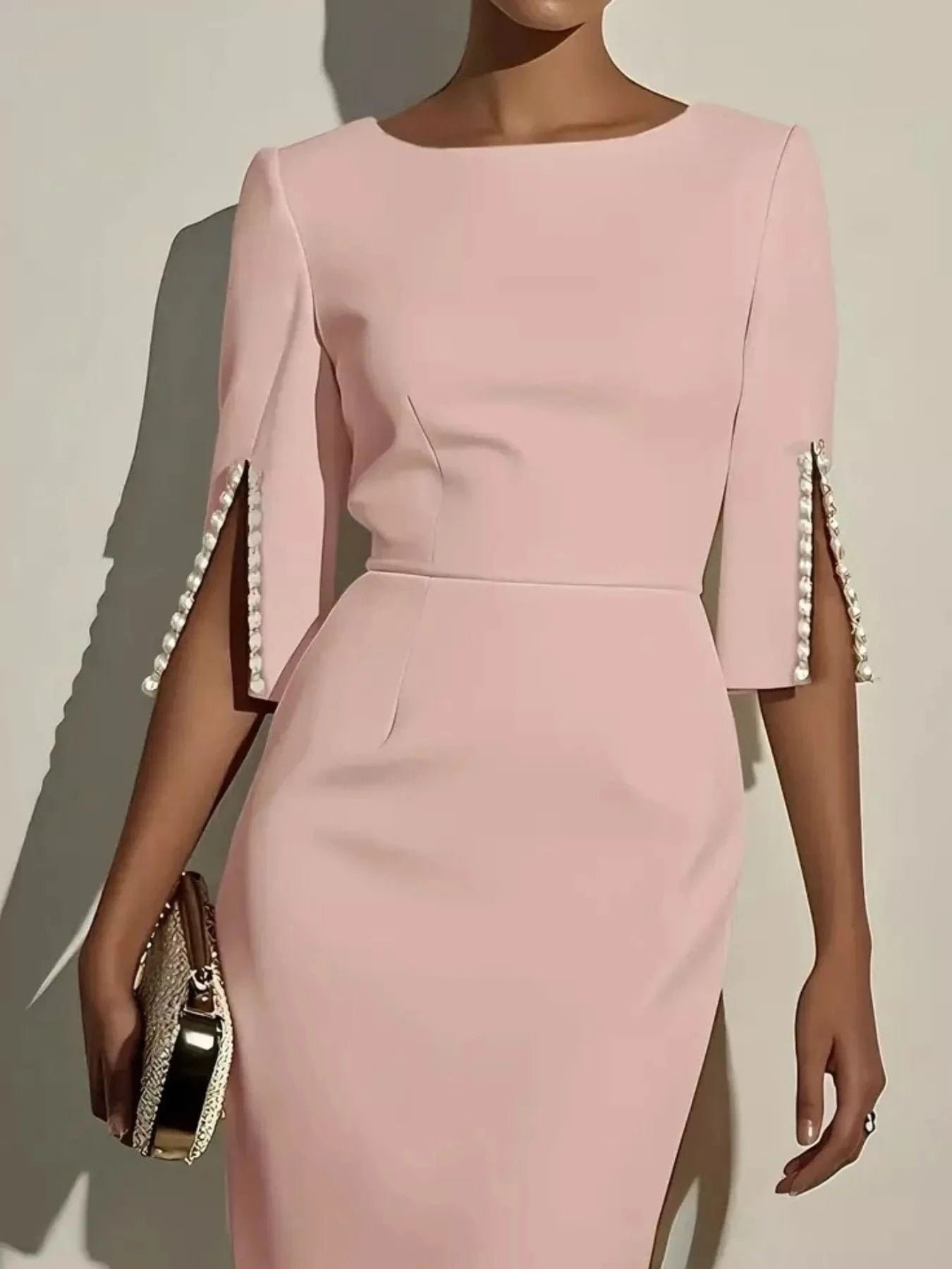 Slim-Fit Elegant Midi Dress with Beaded Slit Sleeve - Fashorio