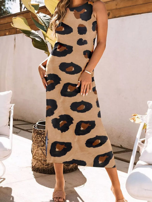 Fashorio Slit Leopard Sleeveless Maxi Dress