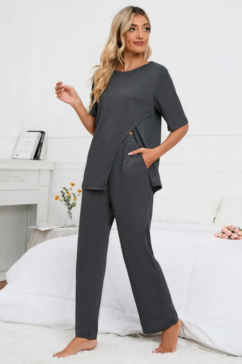 Fashorio Slit Round Neck Top and Pants Lounge Set
