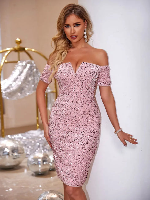 Fashorio Slit Sequin Off-Shoulder Mini Dress