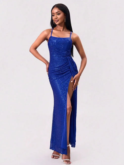 Fashorio Slit Sequin Square Neck Spaghetti Strap Dress
