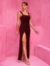 Fashorio Slit Sequin Square Neck Wide Strap Dress