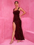 Fashorio Slit Sequin Square Neck Wide Strap Dress