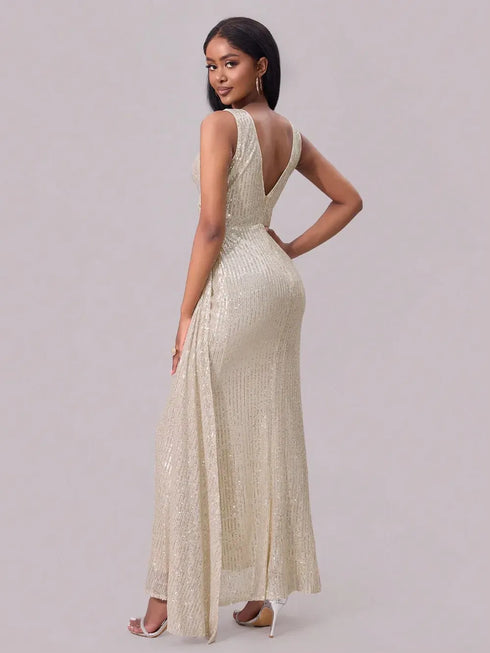 Fashorio Slit Sequin Surplice Sleeveless Maxi Dress