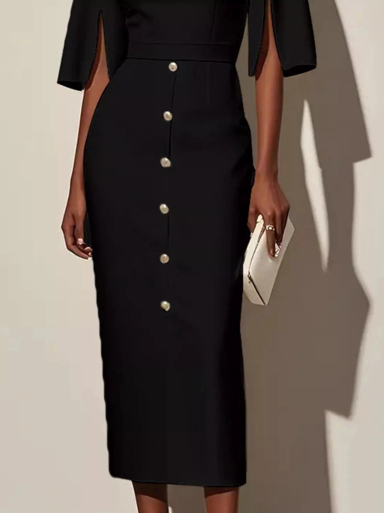 Slit Sleeve Midi Dress with Decorative Button - Fashorio
