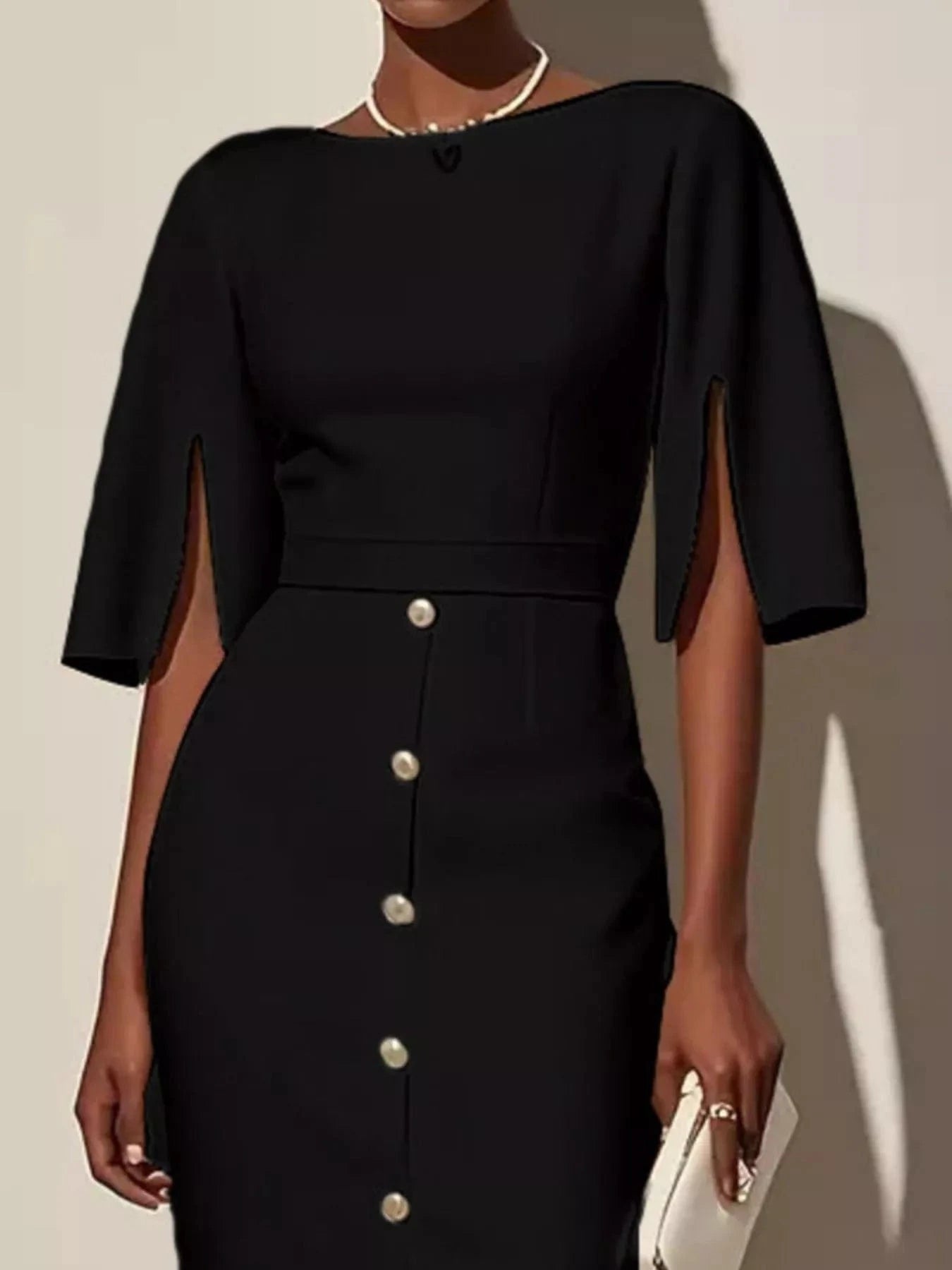 Slit Sleeve Midi Dress with Decorative Button - Fashorio