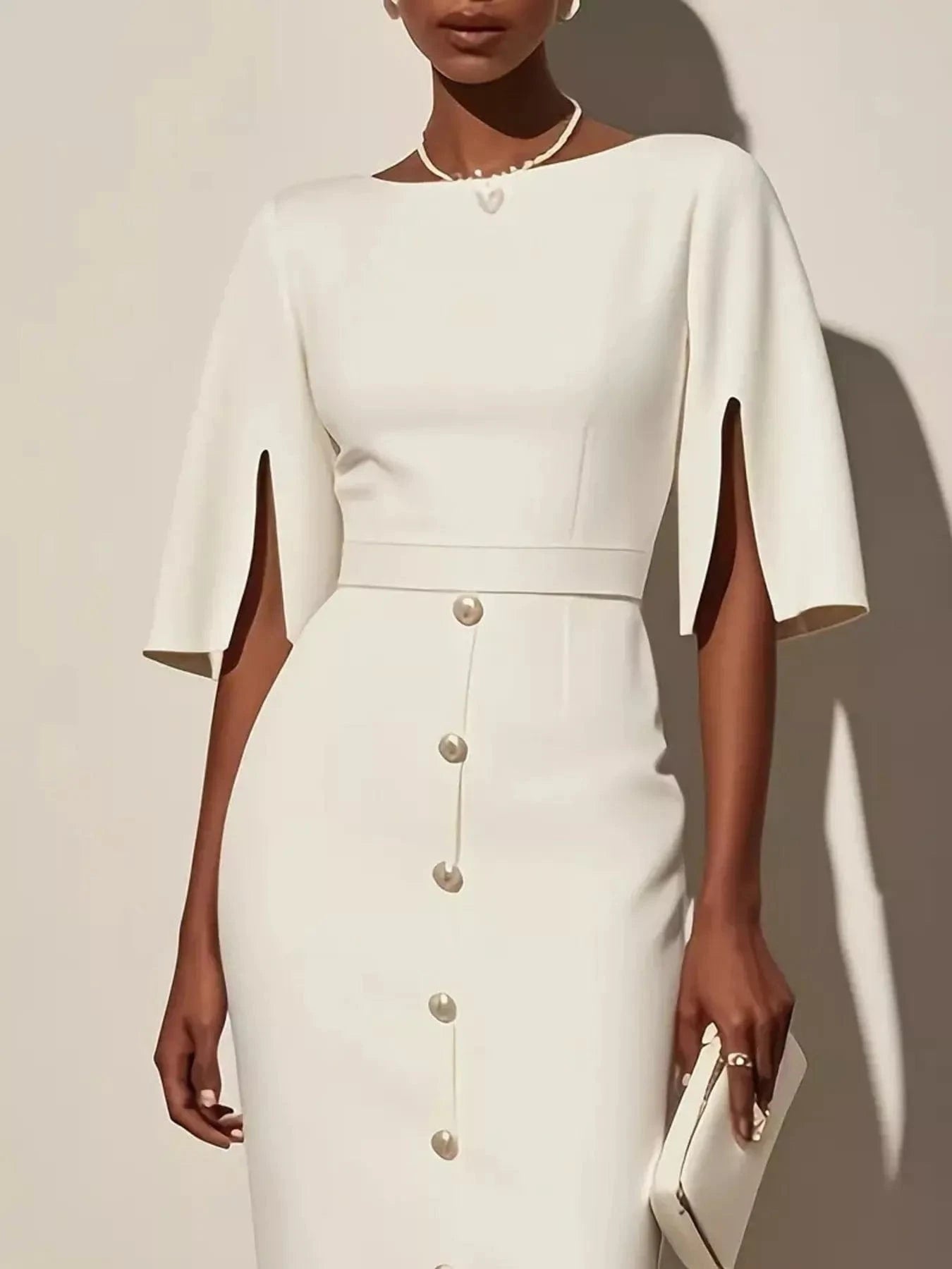 Slit Sleeve Midi Dress with Decorative Button - Fashorio