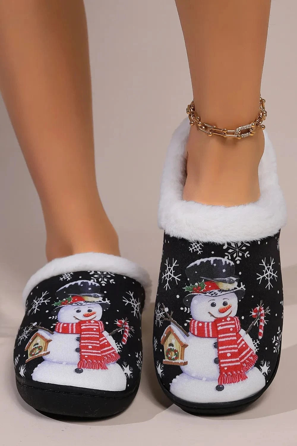 Snowman Round Toe Faux Fur Slippers - Fashorio