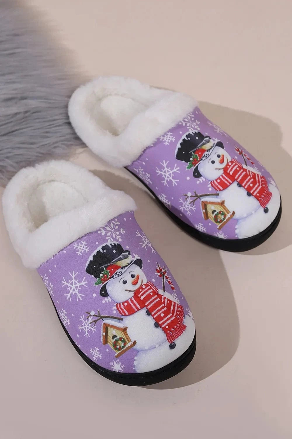 Snowman Round Toe Faux Fur Slippers - Fashorio
