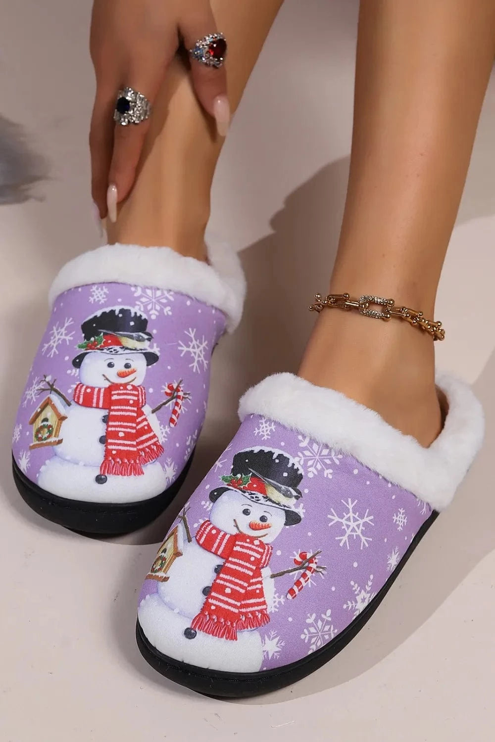 Snowman Round Toe Faux Fur Slippers - Fashorio