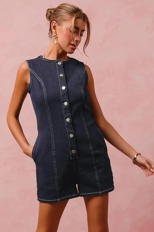 SO ME Button Up Front Washed Denim Sleeveless Romper - Fashorio
