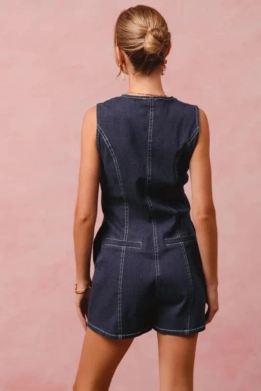 SO ME Button Up Front Washed Denim Sleeveless Romper - Fashorio