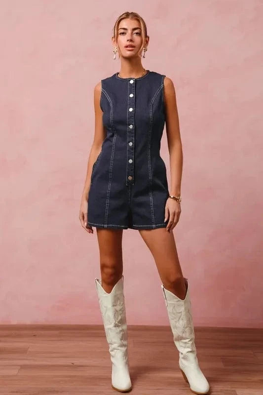 SO ME Button Up Front Washed Denim Sleeveless Romper - Fashorio