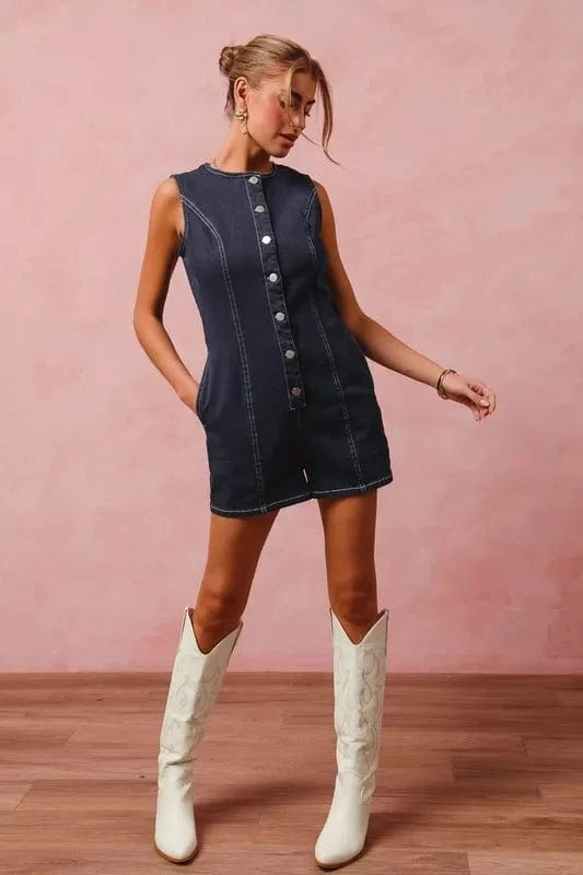 SO ME Button Up Front Washed Denim Sleeveless Romper - Fashorio