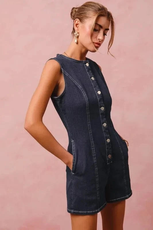SO ME Button Up Front Washed Denim Sleeveless Romper - Fashorio