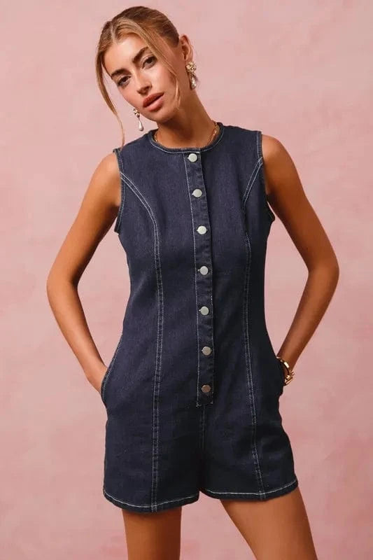 SO ME Button Up Front Washed Denim Sleeveless Romper - Fashorio