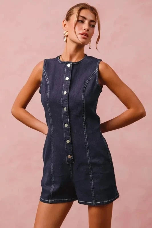 SO ME Button Up Front Washed Denim Sleeveless Romper - Fashorio