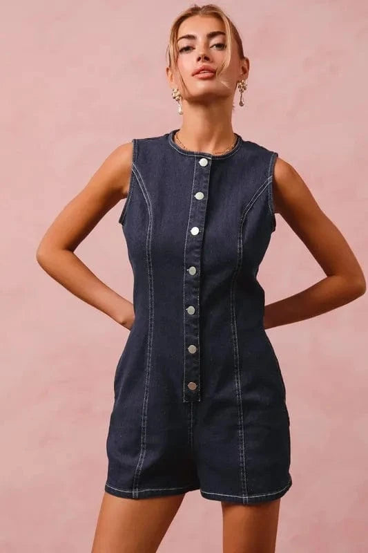 SO ME Button Up Front Washed Denim Sleeveless Romper - Fashorio