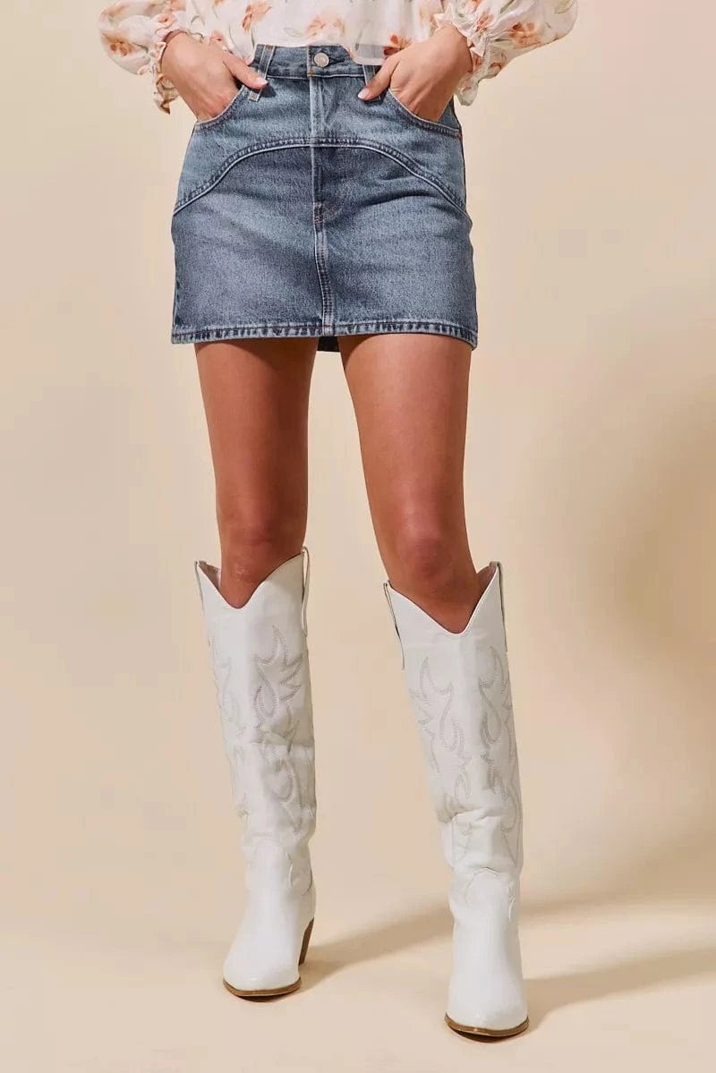 SO ME Washed Denim Mini Skirt with Pockets - Fashorio