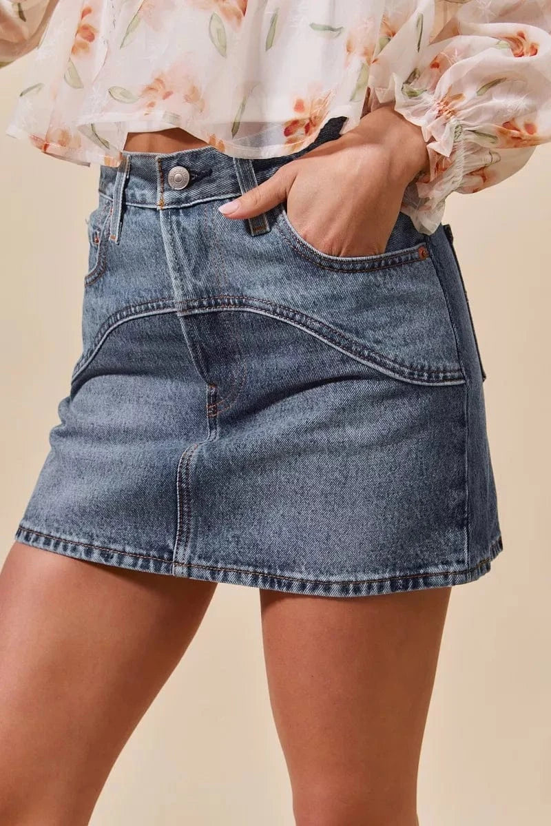 SO ME Washed Denim Mini Skirt with Pockets - Fashorio