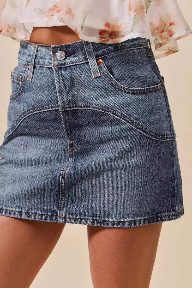 SO ME Washed Denim Mini Skirt with Pockets - Fashorio