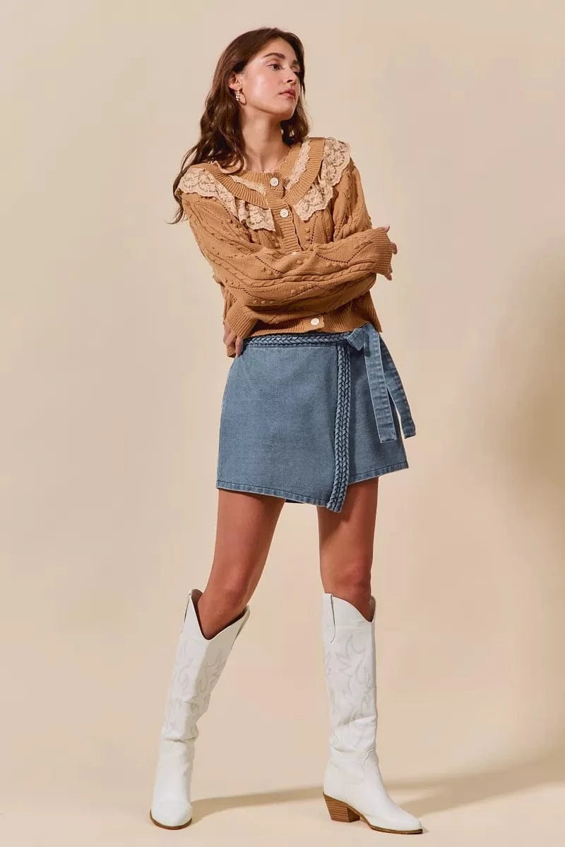 SO ME Wrap Braided Trimmed Denim Skort - Fashorio