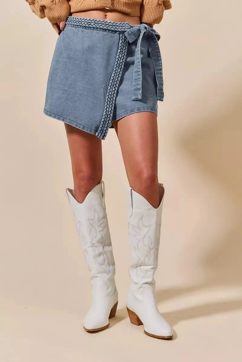 SO ME Wrap Braided Trimmed Denim Skort - Fashorio