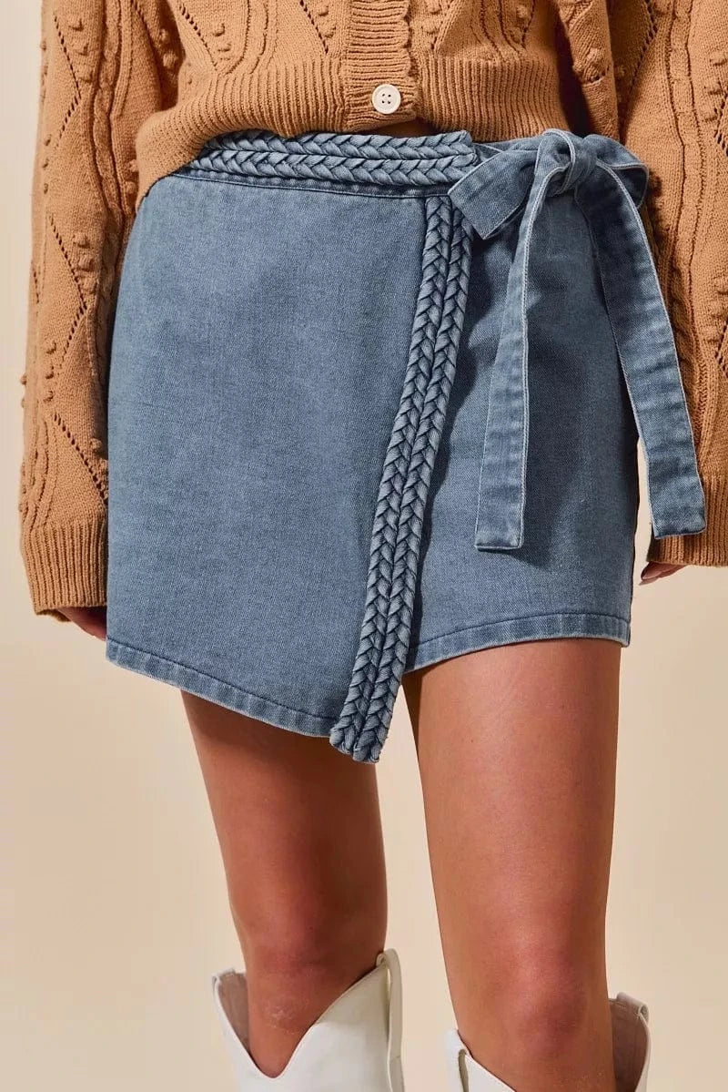 SO ME Wrap Braided Trimmed Denim Skort - Fashorio
