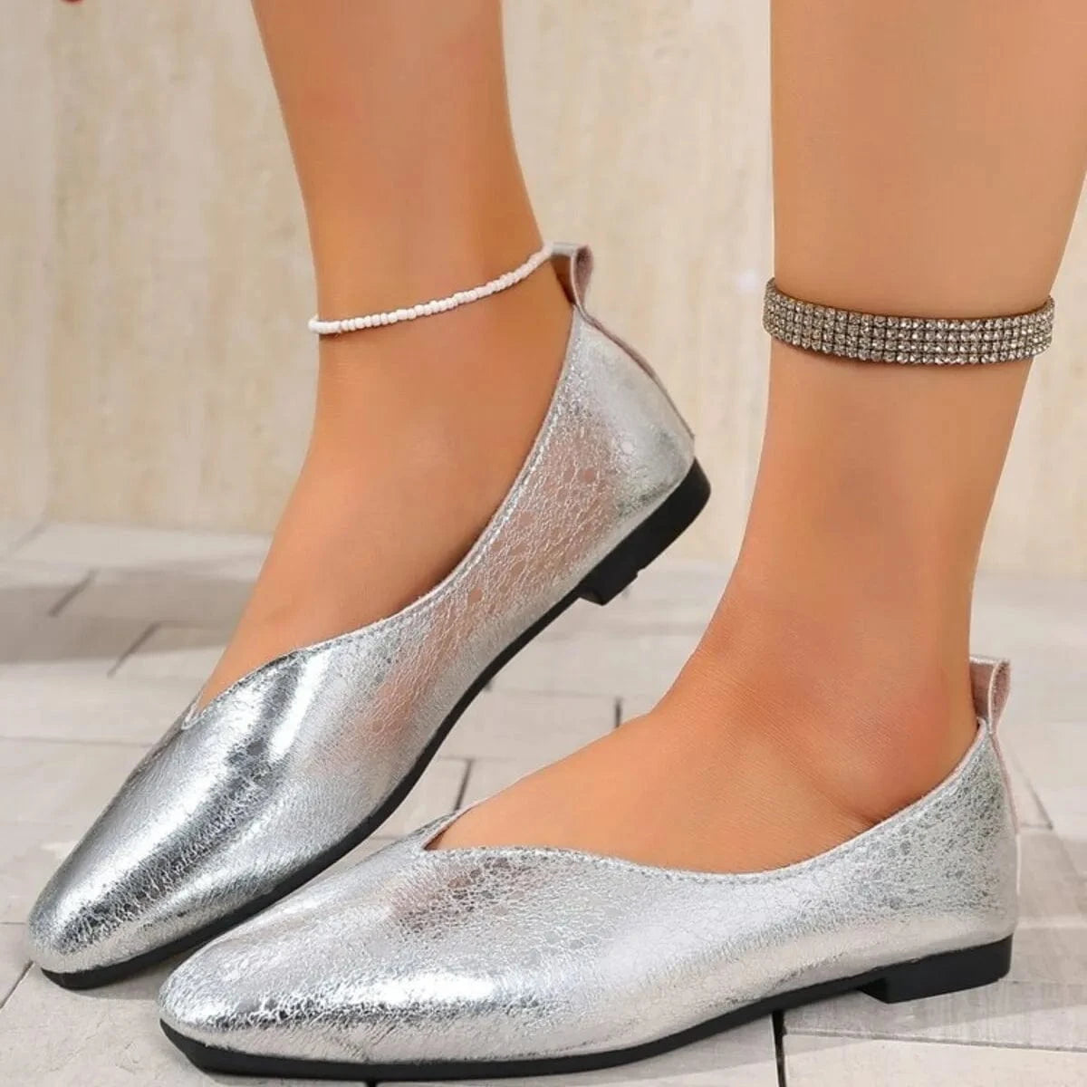 Sparkly Metallic Ballet Flat Loafers - Fashorio