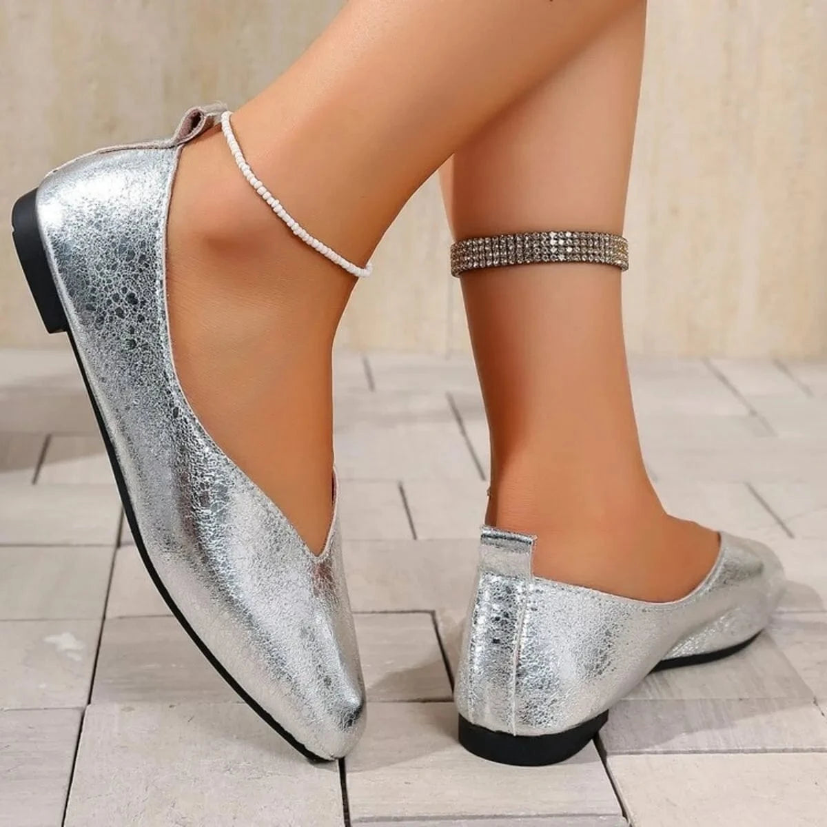 Sparkly Metallic Ballet Flat Loafers - Fashorio