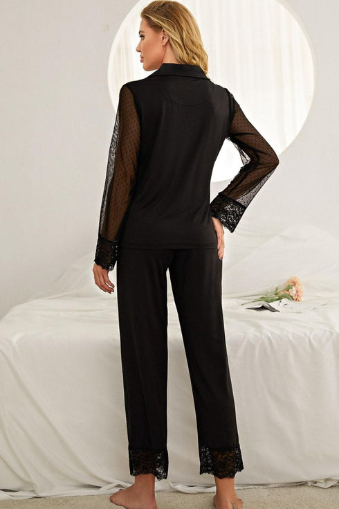 Fashorio Spliced Lace Lapel Collar Pajama Set