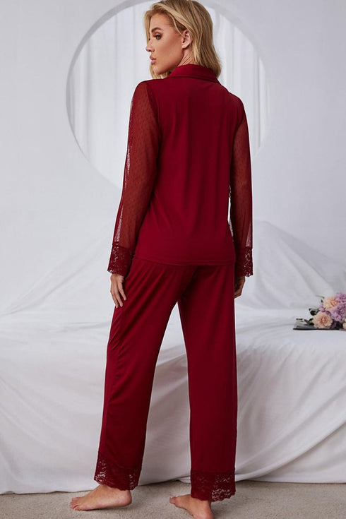 Fashorio Spliced Lace Lapel Collar Pajama Set