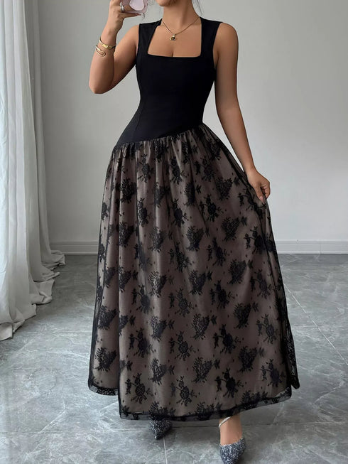 Fashorio Square Neck Sleeveless Lace Maxi Dress