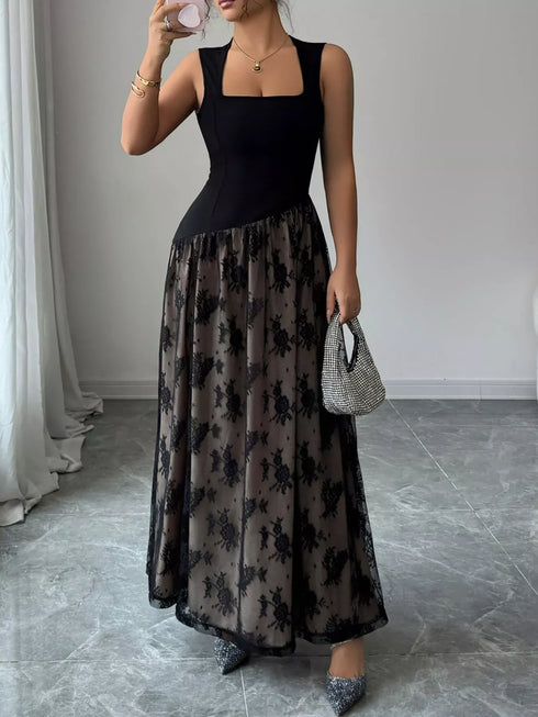 Fashorio Square Neck Sleeveless Lace Maxi Dress