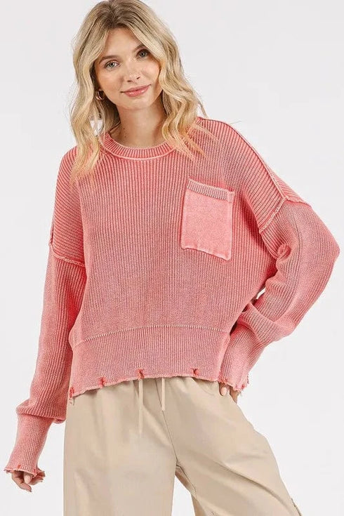 Mittoshop Distressed Hem Round Neck Dropped Shoulder Sweater Strawberry - Fashorio