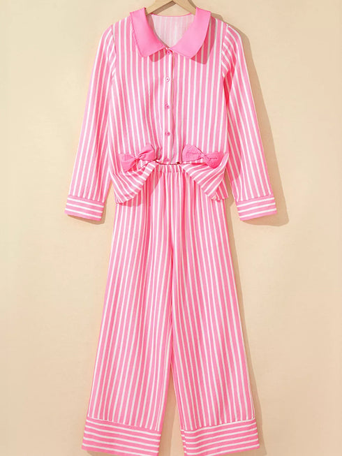 Fashorio Stripe Buttoned Front Long Sleeve Top and Pants 2 Piece Sleepwear