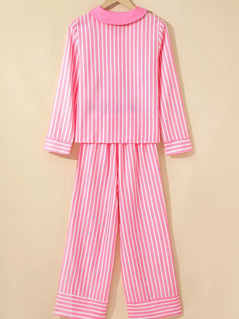 Fashorio Stripe Buttoned Front Long Sleeve Top and Pants 2 Piece Sleepwear