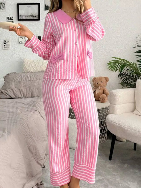 Fashorio Stripe Buttoned Front Long Sleeve Top and Pants 2 Piece Sleepwear
