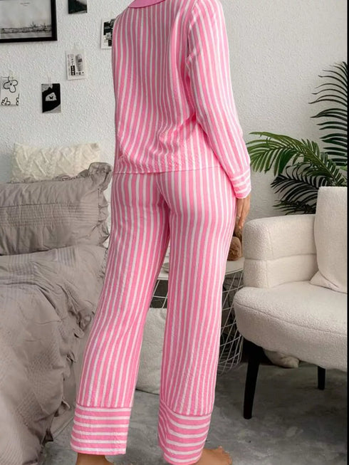 Fashorio Stripe Buttoned Front Long Sleeve Top and Pants 2 Piece Sleepwear