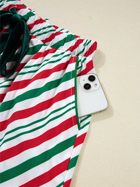 Fashorio Stripe Contrast Velvet Ribbon Knot Christmas 2pcs Pajama Set