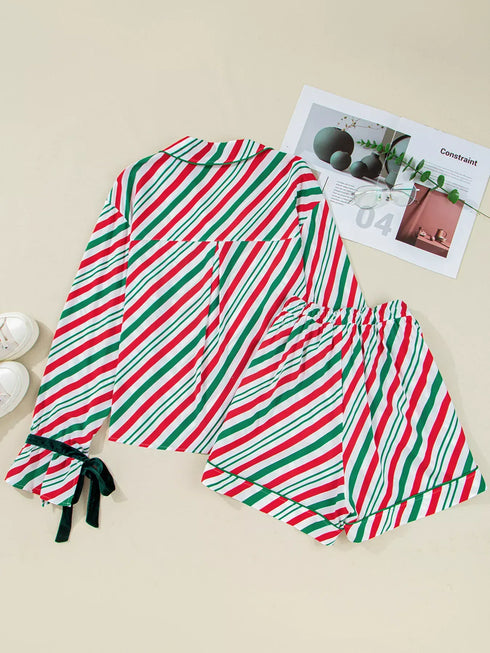 Fashorio Stripe Contrast Velvet Ribbon Knot Christmas 2pcs Pajama Set
