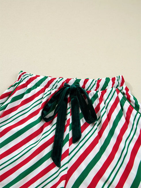 Fashorio Stripe Contrast Velvet Ribbon Knot Christmas 2pcs Pajama Set
