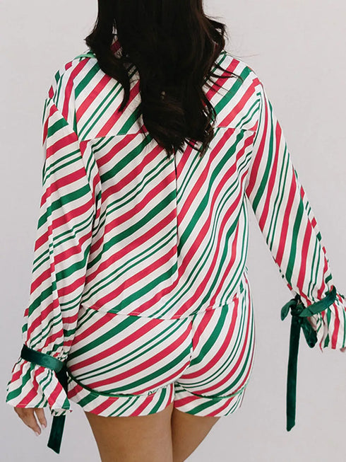 Fashorio Stripe Contrast Velvet Ribbon Knot Christmas 2pcs Pajama Set
