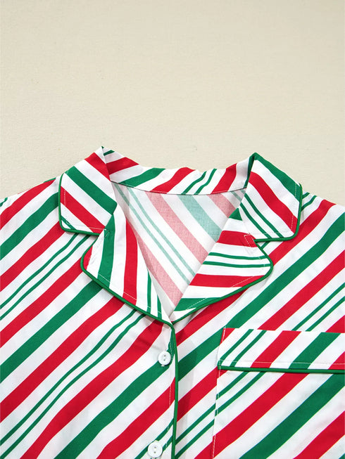 Fashorio Stripe Contrast Velvet Ribbon Knot Christmas 2pcs Pajama Set