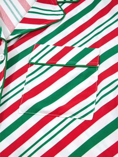 Fashorio Stripe Contrast Velvet Ribbon Knot Christmas 2pcs Pajama Set