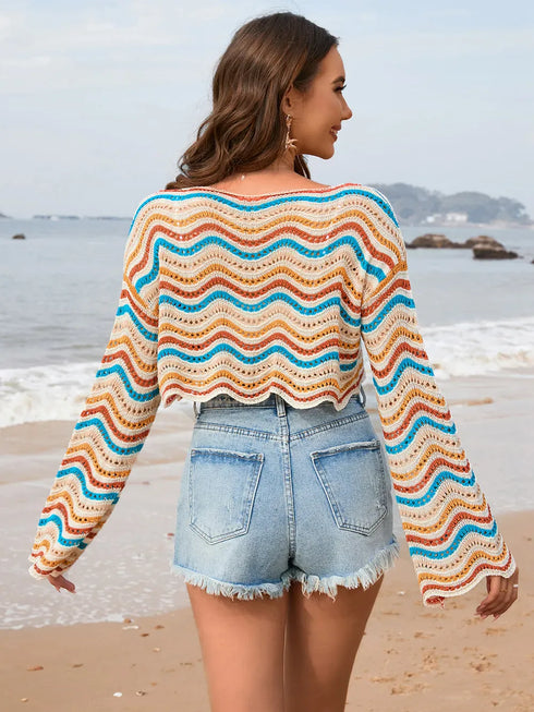 Fashorio Striped Boat Neck Long Sleeve Cover Up