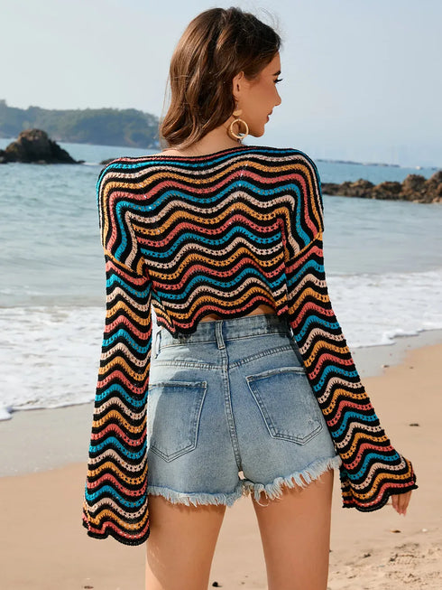 Fashorio Striped Boat Neck Long Sleeve Cover Up