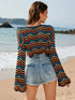 Fashorio Striped Boat Neck Long Sleeve Cover Up