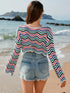 Fashorio Striped Boat Neck Long Sleeve Cover Up